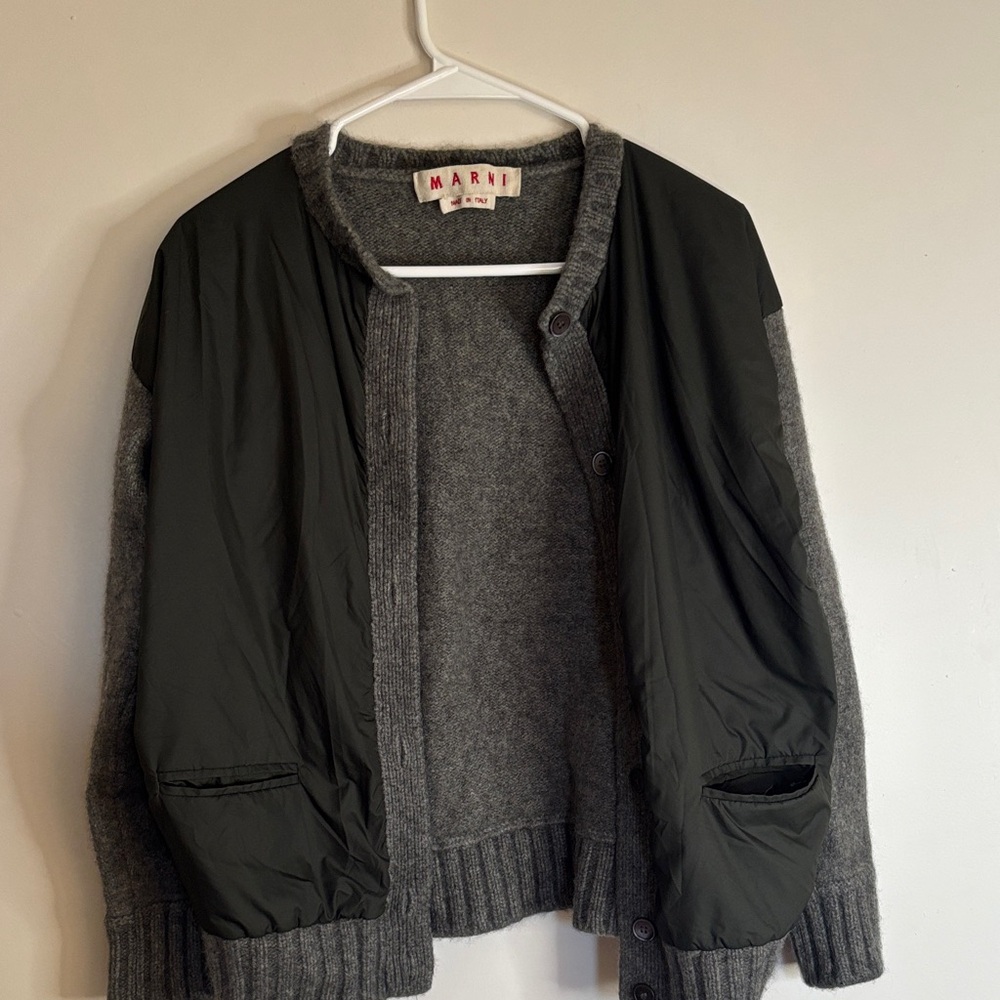 Marni Two-Tone Grey Wool & Black Nylon Bomber Cardigan
